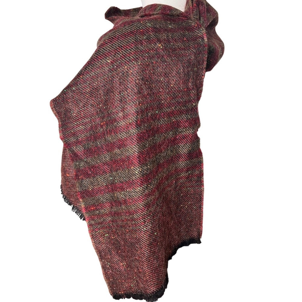 French Tweed Plaid Scarf‎ Wool Mohair Blend Fringe Wrap Red Green Brown